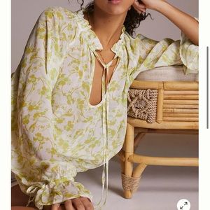 NWT Anthropologie 	SHEER PRINTED BLOUSE Green Motif, Sz Small